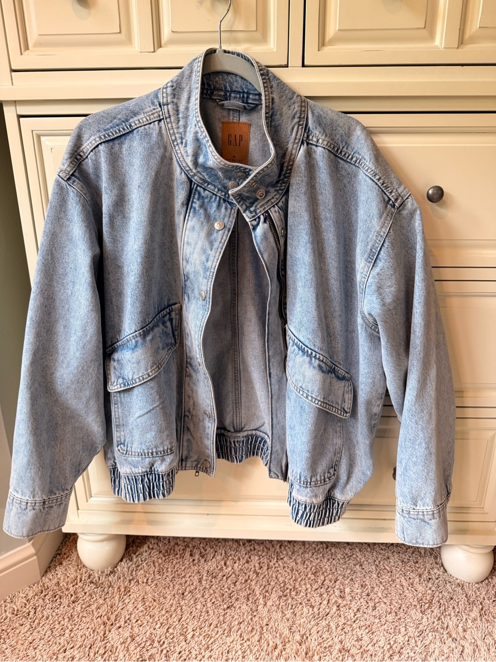 GAP Light Wash Denim Bomber Jacket in Faded Blue